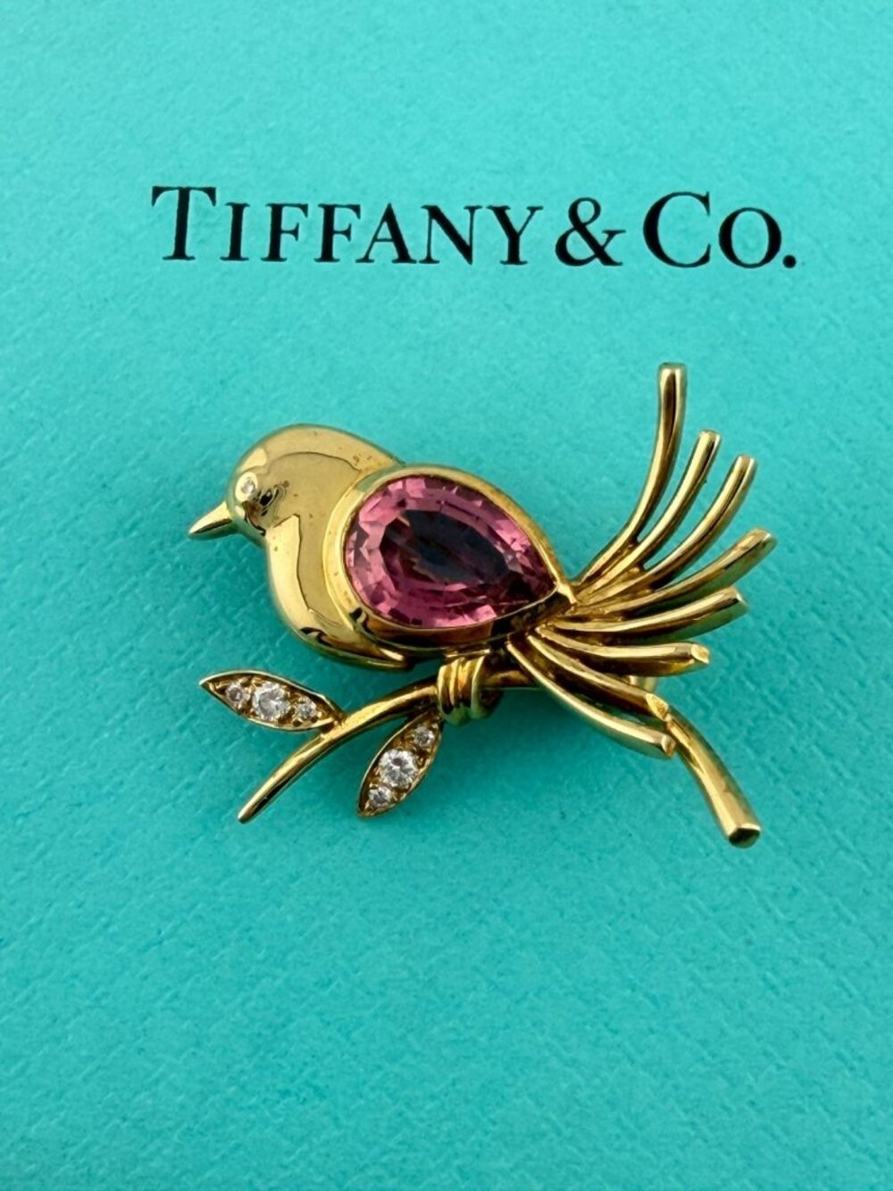 Tiffany & Co. 18k Pink Tourmaline Bird Brooch 1988 Vintage 5g Excellent Gold
